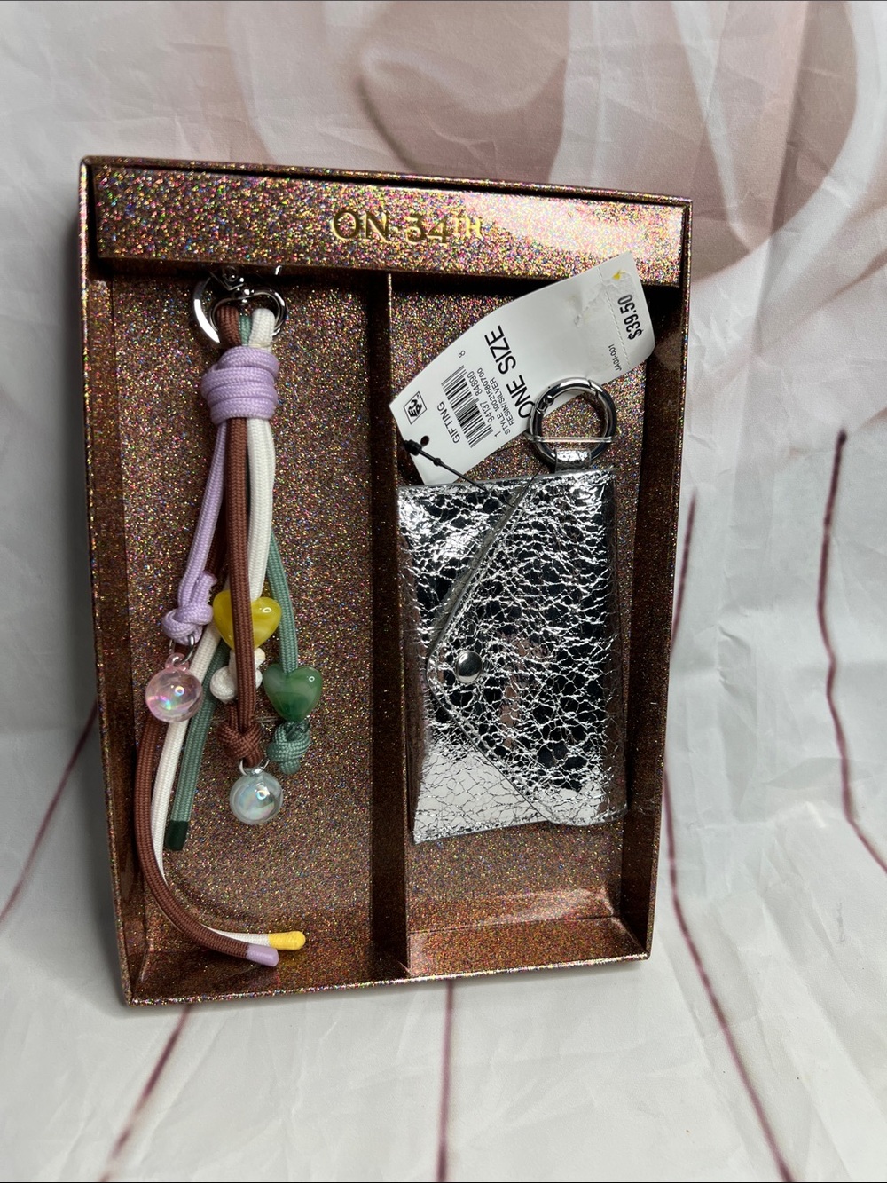 ON 34th Silver Cracked metallic card Wallet with Pastel Beaded keychain